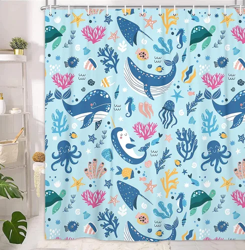 Vista 3 de Cortina de ducha náutica para niños, azul bohemio, océano, tiburón, abstracto, dibujos animados, decoración de baño, con cortinas de ducha de tela