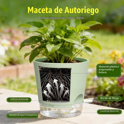 Vista 4 de Macetas de riego automático de 4 pulgadas, paquete de 6 macetas de plástico con agujeros de drenaje y platillos transparentes, macetas de plástico