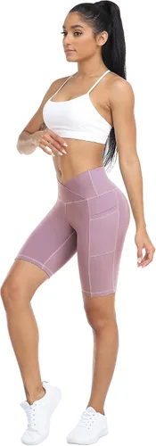 Vista 4 de WHOUARE Paquete de 4 pantalones cortos de yoga con bolsillos para mujer, cintura alta, atléticos, correr, entrenamiento, gimnasio, control de abdomen