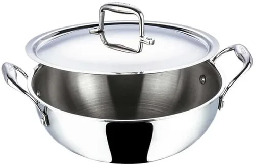 Vista 2 de Vinod Platino Triply Acero Inoxidable Extra Profundo Kadai con Tapa 4,1 L/Tapa de Vidrio