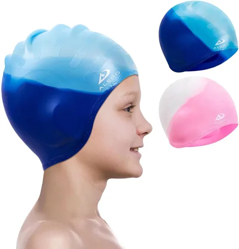 Vista 11 de 2 Pack Kids Swim Caps for Boys Girls, Durable Silicone Swimming Cap with 3D Ear Pockets for Age 3-15 Toddler Child Youth Teen, Unisex Swim Bath Hats