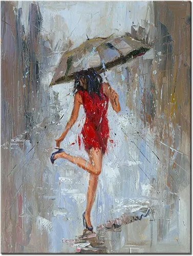 Vista 6 de Lienzo de pared con paraguas de niña con vestido caqui caminando en la calle lluvia pintura arte moderno lienzo abstracto obra de arte