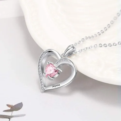 Vista 4 de Collares con colgante de corazón de amor para mujer, hechos con piedra natal de imitación, joyería de compromiso personalizada para ella