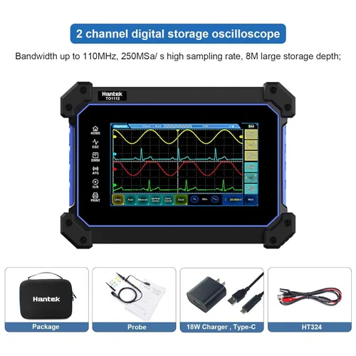 Vista 6 de Hantek TO1112 Osciloscopio de tableta con pantalla táctil, osciloscopio digital de mano de 2 canales, 110MHz
