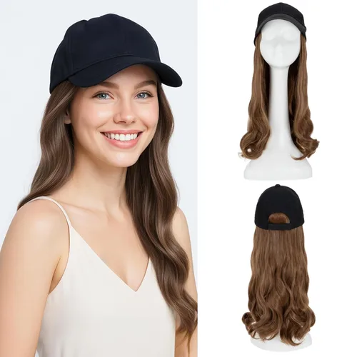 Vista 16 de SEGO - Peluca de gorra con pelo adjunto para mujer, gorra negra de béisbol con extensiones de pelo, gorra de béisbol larga y ondulada con ajuste