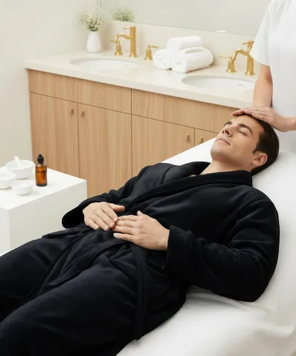 Vista 5 de NY Threads - Bata de baño de lujo en polar suave para hombre, bata de spa para hombre Negro