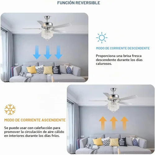 Vista 3 de Ventilador de techo de cristal con luces, ventilador de candelabro moderno con control remoto, ventilador de techo cromado reversible, lámpara