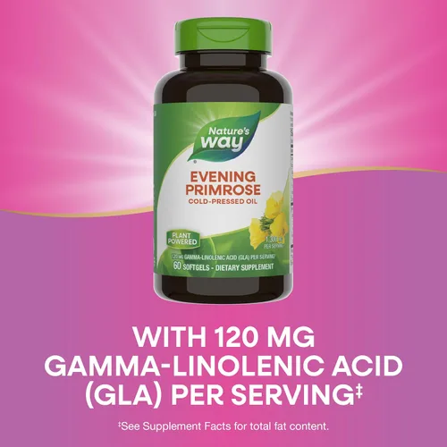 Vista 4 de Nature's Way Aceite de onagra, fuerza máxima, prensado en frío, sin refinar, 1300 mg con 120 mg de GLA por porción, 60 cápsulas blandas