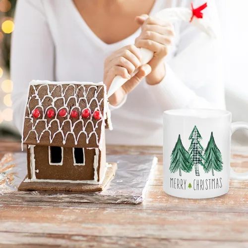 Vista 7 de Whaline Juego de 2 tazas de Navidad de 12 onzas con acuarela, a cuadros, árbol de Navidad, camión, taza de café, tazas de cerámica para fiesta