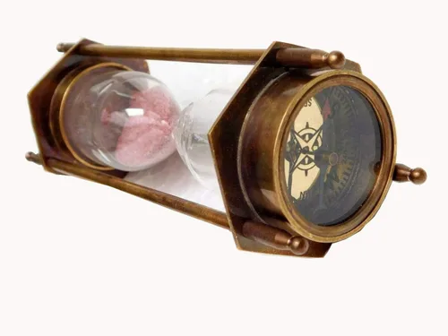 Vista 2 de RELOJ DE ARENA MARÍTIMO, ANTIGUO, DECORATIVO DE LATÓN DE 5 PULGADAS CON BRÚJULA DE BRONCE