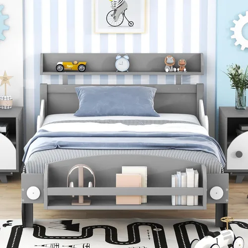 Vista 32 de Cama de plataforma de madera de tamaño individual con cabecera en forma de casa, soporte de listones de madera, para dormitorio de niños, niñas