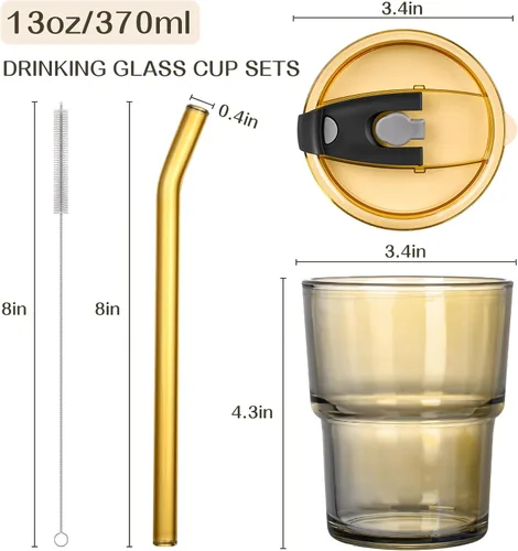 Vista 2 de Vaso reutilizable de 13 onzas para café helado con tapas, vaso transparente para agua, paquete de 2 vasos de vidrio con popote y tapa, vaso