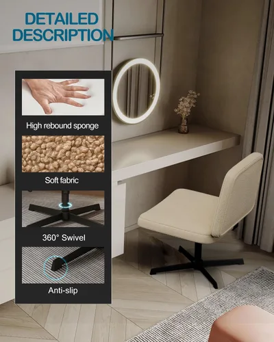 Vista 5 de VIRRMO Silla cruzada sin brazos, cómoda silla de oficina, silla de escritorio, silla de computadora, silla de tocador para dormitorio, sala de Marfil