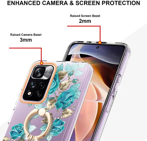 Vista 3 de ONV Funda de silicona para Redmi Note 11 Pro 5G – Funda con anillo de metal con purpurina de lujo con flor pintada con flores, funda delgada
