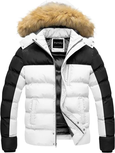Vista 13 de Pursky Chaqueta de plumón impermeable para hombre, abrigos de invierno con capucha de piel para esquiar, parka con capucha de piel Verde militar