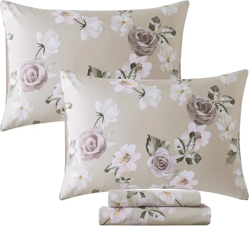 Vista 39 de FADFAY Juego de sábanas tamaño King, sábanas de algodón percal rosa floral con bolsillo profundo, ropa de cama vintage lujosa azul con estampado