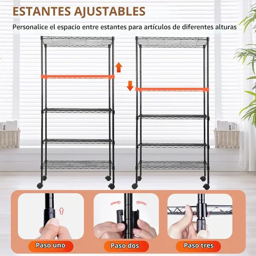Vista 5 de FDW Estante de metal ajustable de 5 niveles con ruedas, capacidad de 250 libras, fácil montaje, ideal para espacios pequeños Negro