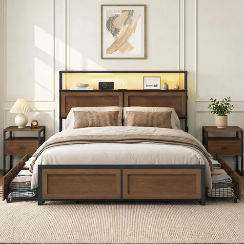 Vista 9 de KISLOT Juego de dormitorio de 3 piezas con almacenamiento, marco de cama con luces LED, marco de cama de metal industrial con estación de carga, 6