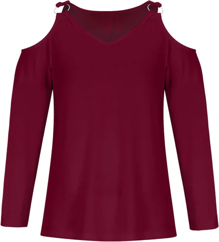 Vista 4 de Camisetas con cuello en V para mujer, color sólido, manga larga, hombros descubiertos, casuales, cómodas, sin botones, blusas básicas de invierno