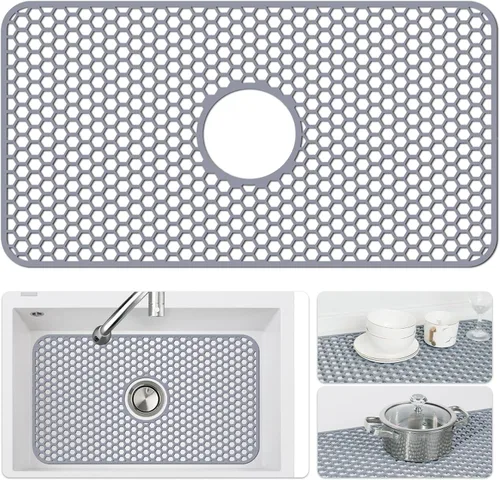 Vista 39 de Bestjing Paquete de 2 protectores de silicona para fregadero de cocina, accesorio de rejilla de cocina de 12 x 11 pulgadas, tapete antideslizante