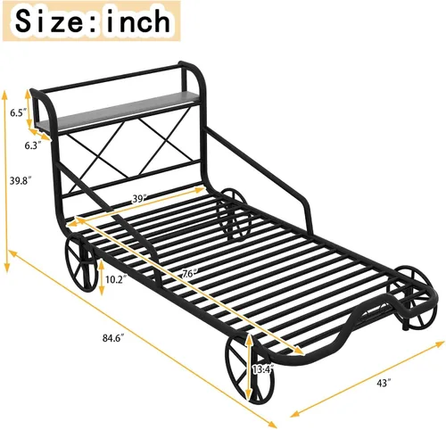 Vista 2 de Cama individual para automóvil con 4 ruedas, barandillas, estante de almacenamiento para niños, adolescentes, niños y niñas, marco de cama