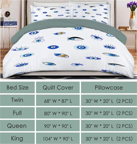 Vista 5 de Funda de edredón de 3 piezas con patrón de mal de ojo, tamaño individual de 68 x 87 pulgadas con 2 fundas de almohada, juego de funda de edredón