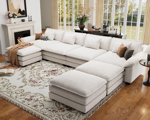 Vista 40 de Sofá modular de gran tamaño de 154 pulgadas, cómodo sofá en forma de U con 3 otomanas móviles, sofá moderno de felpilla de 7 plazas para sala