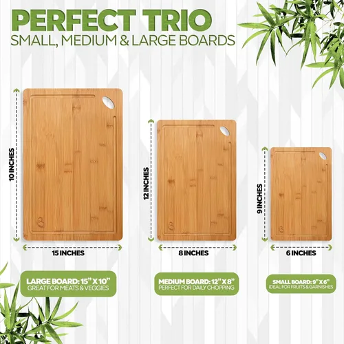 Vista 2 de Juego de 3 tablas de cortar de madera, tablas de cortar de bambú no tóxicas para cocina con ranuras profundas para jugos, tablas de servir de madera