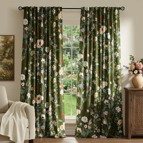 Vista 24 de MUSSEL Cortinas florales de terciopelo de 63 pulgadas de largo, cortinas botánicas de lujo para oscurecer la habitación, 2 paneles de colibrí