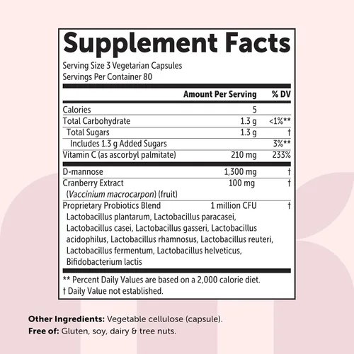 Vista 7 de Pure D Manosa 1,300 mg con arándano rojo y probióticos, 240 cápsulas vegetales Salud del tracto urinario para mujeres Más 1 millón de UFC mezcla