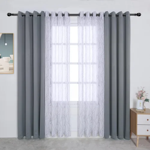 Vista 11 de BONZER Cortinas para Mezclar y Combinar - 2 Piezas de Cortinas Transparentes con Estampado de Ramas y 2 Piezas de Cortinas Opacas para Dormitorio