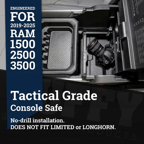 Vista 4 de Caja de seguridad de consola central Tuffy para RAM 1500/2500/3500 2019–2025, inserción de acero de calibre 16, cerradura anti-palanca, sin