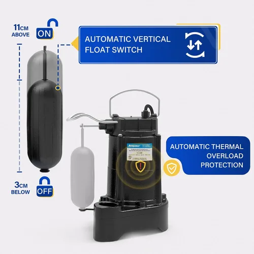 Vista 5 de Acquaer Bomba sumergible de aguas residuales/efluentes de 1/3 HP, bomba de sumidero de hierro fundido de 3680 GPH con interruptor de flotador