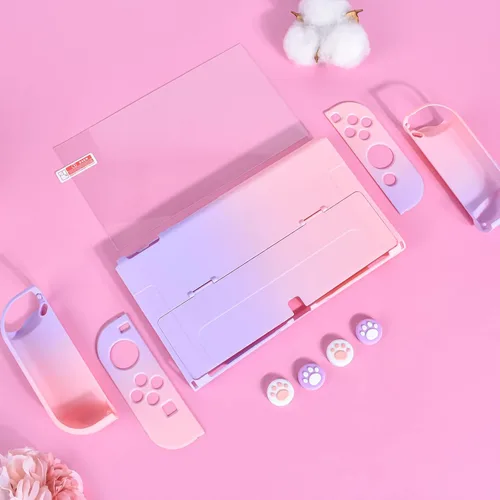 Vista 4 de DLseego Protective Case Design for Nintendo Switch OLED Joy-Con Controllers New Model 2021 with Glass Screen Protector and 4 Cute Thumb Grip Caps