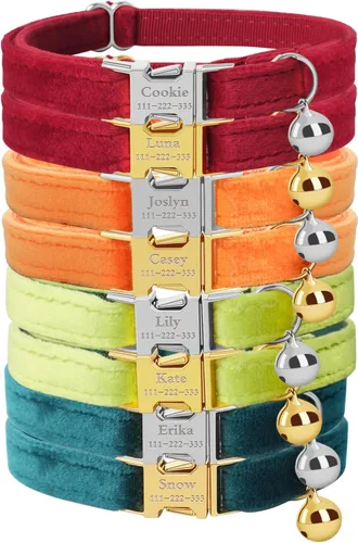 Vista 19 de Collar de gato personalizado con placa de nombre, collares ajustables de nailon resistente para identificación de gato con campana, personaliza