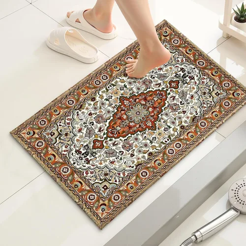 Vista 2 de Alfombra de Baño Boho Marrón Vintage Alfombra de Baño Bohemia Retro con Patrón Floral Alfombra de Baño 20x32 Pulgadas Antideslizante Absorbente