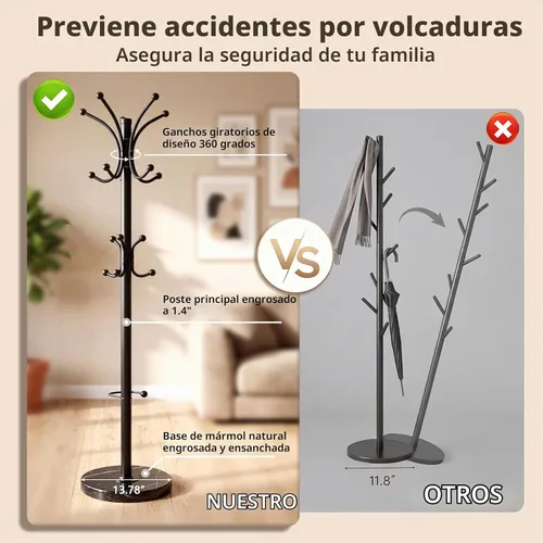 Vista 6 de Perchero de metal independiente con base de mármol natural, perchero Roraty de 360° con 16 ganchos y soporte para paraguas, perchero negro