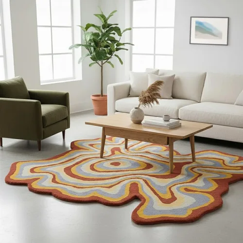 Vista 7 de Alfombra de lana hecha a mano con forma irregular de Restauración y Renovación Alfombra moderna de rayas coloridas de primera calidad perfecta