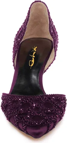 Vista 5 de XYD Zapatos de tacón para mujer, elegante puntera puntiaguda, tacones bajos D'Orsay Kitty, tachuelas de diamantes de imitación, zapatos de satén sin