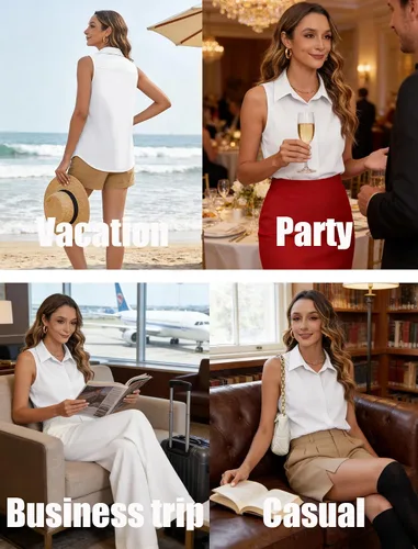 Vista 5 de HOTOUCH Camisas sin mangas con botones ocultos para mujer, frente con botones ocultos, cuello, blusas casuales elegantes holgadas para oficina