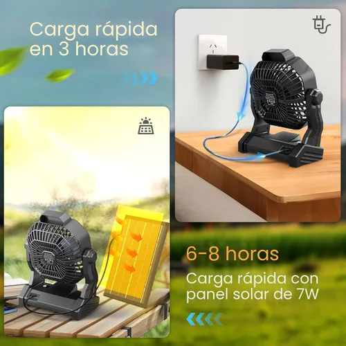 Vista 2 de JINLICTE Ventilador solar de 10400 mAh con linterna LED, ventilador de campamento con panel solar, 7 W recargable alimentado por energía solar