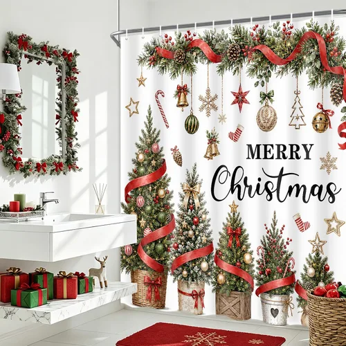 Vista 2 de Merry Christmas Tree Ornaments Waterproof Shower Curtain Set with Hooks Navidad
