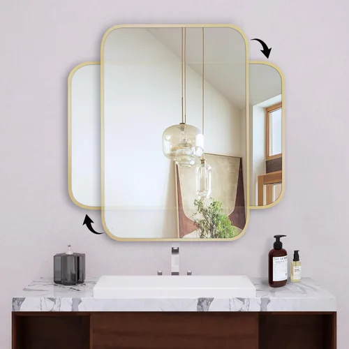 Vista 6 de Espejo de oro francés cepillado de 20 x 30 pulgadas para pared, espejo rectangular redondeado dorado con marco de metal para colgar para baño