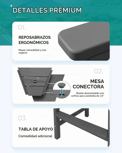 Vista 8 de SERWALL Juego de 2 sillas Adirondack altas con mesa de conexión, color gris