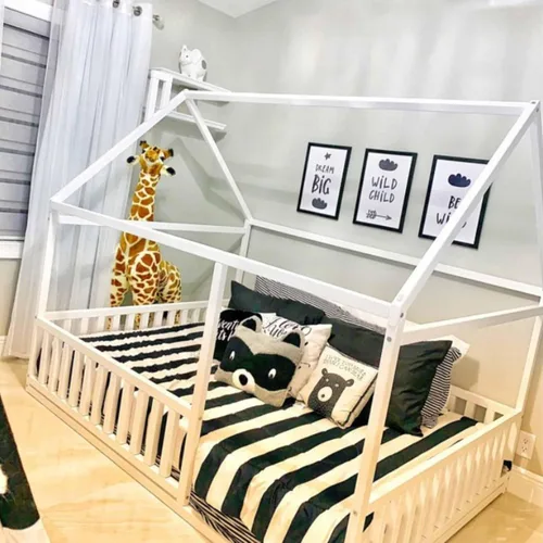 Vista 2 de Cama de casa de tamaño matrimonial para niños pequeños, cama Montessori para niños, marco de cama de tamaño matrimonial con listones