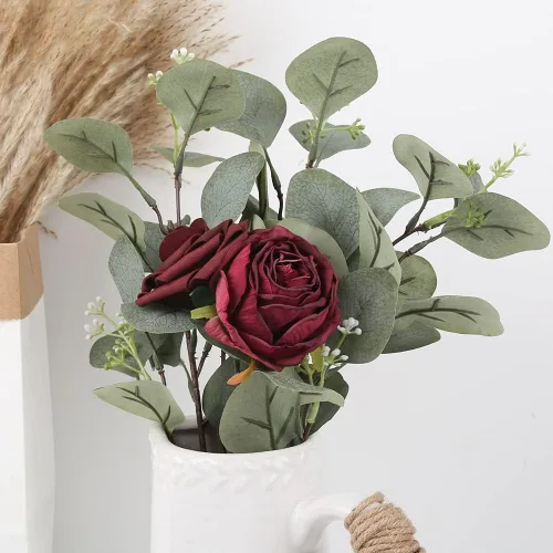 Vista 7 de IPOPU 25 cabezas de rosas artificiales, 25 cabezas de flores de seda secas a granel, flores de seda burdeos para ramo artificial, cabezas de flores