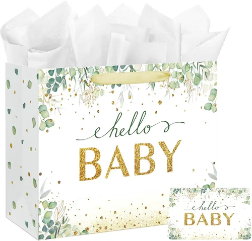 Vista 7 de Bolsa de regalo grande de 13" para bebé niño o niña para baby shower o cumpleaños con asa, papel de seda y tarjeta de felicitación (13" Verde)