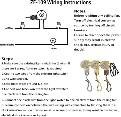 Vista 4 de Interruptor de ventilador de techo Zing Ear ZE-109, interruptor de luz de encendido y apagado de dos cables para ventiladores de techo Hunter