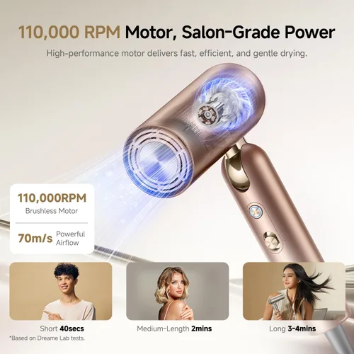 Vista 6 de Dreame Secador de pelo Pocket Pro, secador de pelo de viaje de doble voltaje con difusor, soplador de pelo iónico profesional de alta velocidad