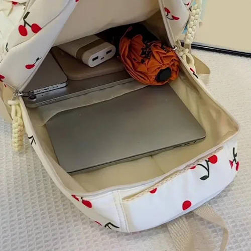 Vista 4 de Juego de 3 bolsas de mochila con lazo, lindo juego de mochila kawaii estética mochila con lazo con organizador integrado, Blanco, Tamaño único